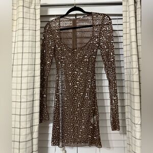 Sheer Embellished Long Sleeve A-Line Mini Dress in Deep Cocoa